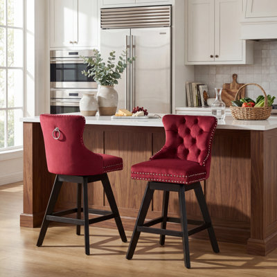 ANMINY Set of 2 Bar Stools, Velvet Swivel Stools with Button